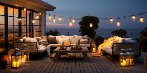 Terrace of modern cottage with night view of the ocean. View of the cozy outdoor patio with outdoor lighting and lanterns. digital ai - obrazy, fototapety, plakaty