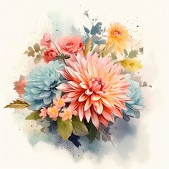 Watercolor beautiful colorful floral romantic background. Hand drawn paint blossom flowers, leaves.