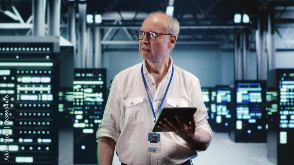 Poster proactive professional expertly managing data while navigating through industrial server racks. dill
