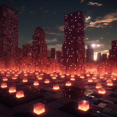 A red futuristic city made of magical glowing bricks or blocks. Generative AI