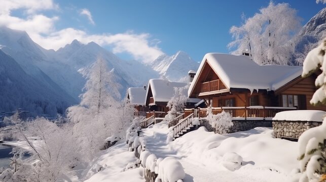 Cozy wooden cottages in chalet style covered with snow. Beautiful snowcapped mountain peak. Xmas picturesque background. Rosa Khutor, Krasnaya Polyana, Sochi, Russia. 8k,
