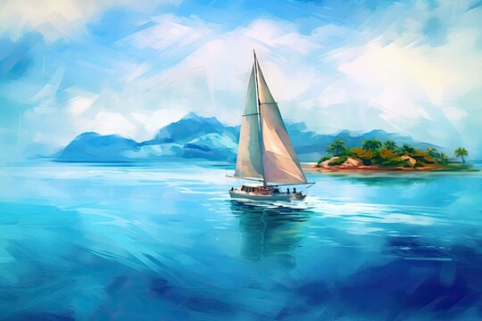 Watercolor sailboat sailing near the beautiful island.