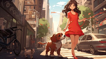 girl walking with dog in the city in comic style