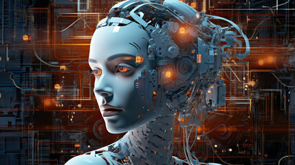 The young humanoid female head is connected to a super computer, symbolizing artificial intelligence. Futuristic illustration of the relationship between humans and neural networks. Copy space