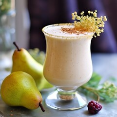 Pear Smoothie in a Fancy Glass Cup and Pear Flowers on a natural background