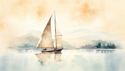 Watercolor sailboat sailing near the beautiful island. - obrazy, fototapety, plakaty
