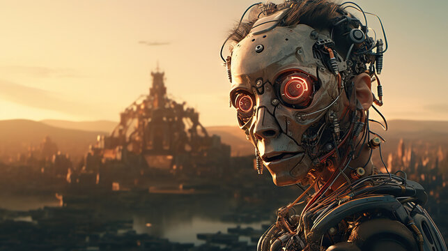 The young humanoid female head is connected to a super computer, symbolizing artificial intelligence. Futuristic illustration of the relationship between humans and neural networks. Copy space