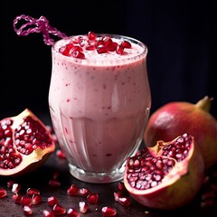 pomegranate smoothie and pomegranate on a black bacxkground