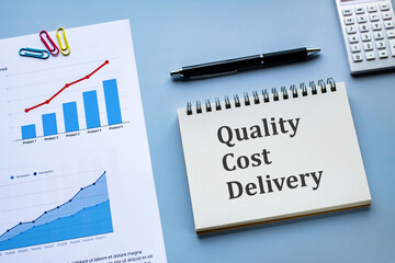 There is notebook with the word Quality Cost Delivery. It is as an eye-catching image.