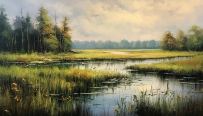 Fototapeta na wymiar The wetland scenery in the style of oil painting and the strokes on the picture.