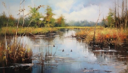 The wetland scenery in the style of oil painting and the strokes on the picture. - obrazy, fototapety, plakaty
