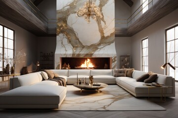 Living room in Calacatta Gold marble, renowned for its warm gold and gray veins, evoking opulence and grandeur.Generative AI