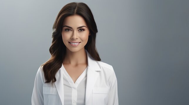 Beautiful dentist smiling at camera while standing on gray background