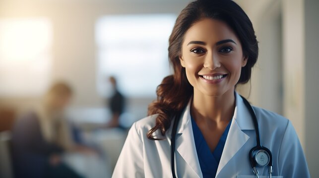 Smiling female doctor in hospital office with stethoscope, computer, and confident demeanor