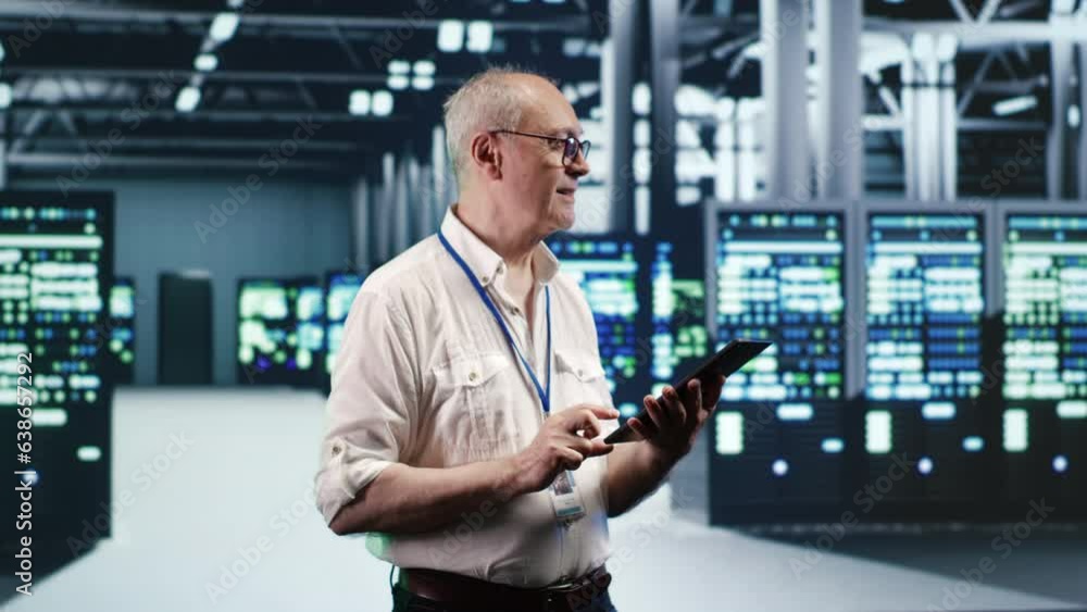 Aufkleber meticulous it professional navigating network of rackmounts in industrial server hub. worker with la