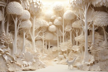 Rainforest with animals in paper cut style in white. Generative AI