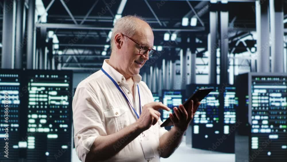 Aufkleber older professional navigating network of server rigs in industrial cloud computing business. worker 