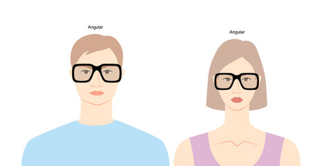 Angular frame glasses on women and men flat character fashion accessory illustration. Sunglass front view unisex silhouette style, spectacles eyeglasses, lens sketch style outline isolated on white