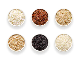 Six types of rice in white bowls on transparent background. Top view.