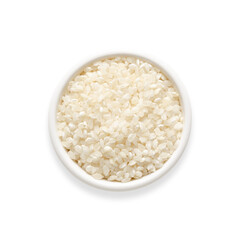 Koshihikari rice in a white bowl on transparent background. Square format. Top view. 