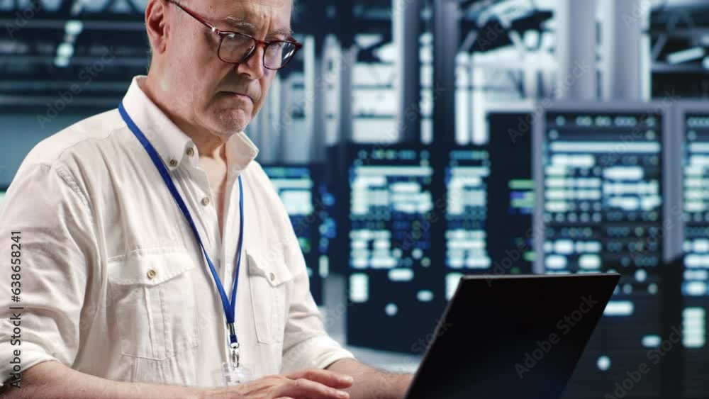 Poster licensed serviceman expertly managing data while navigating in industrial server room. tech support 