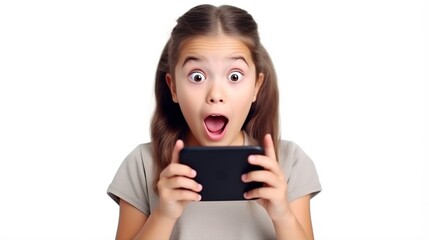 Naklejka premium Amazement on a Screen: A young girl's face is a picture of wide-eyed wonder and shock as she looks at her smartphone, her mouth agape in surprise. The image captures a moment of pure.