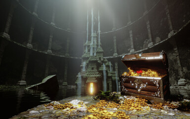 Treasure chest, ancient pirate style, full of valuables, treasures, gold. Mysterious ancient castle in a cave. The concept ancient treasures, fantasy style. There are valuables of gold. 3D rendering