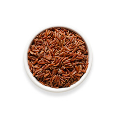 Red rice in a white bowl on transparent background. Square format. Top view. 