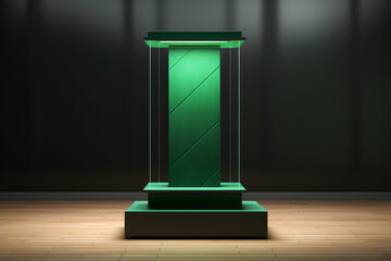 Front view of geometric podium decorated in green background with blank space. Abstract background.