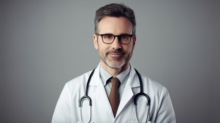 Professional doctor with stethoscope on gray background