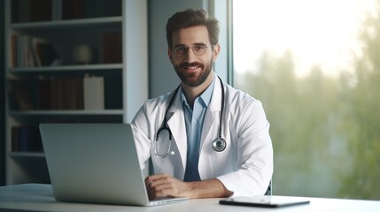 man doctor is working on a laptop computer on workstation