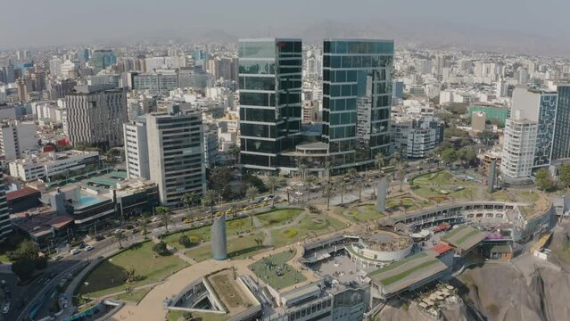 Aerial view of Miraflores district and Larcomar, Panoramic aerial view of Lima city, in Peru.