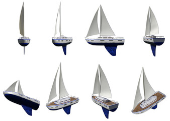 3d illustration of a 3d sailing boat from different angles and water reflections.
