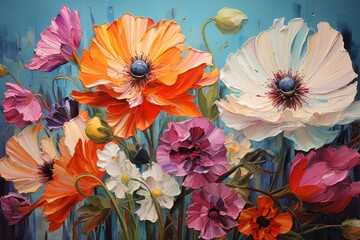 A vibrant canvas showcasing the dynamic textures and bold color blooms created by palette knife painting. Generative AI