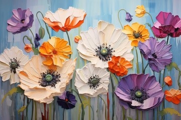 A vibrant canvas showcasing the dynamic textures and bold color blooms created by palette knife painting. Generative AI