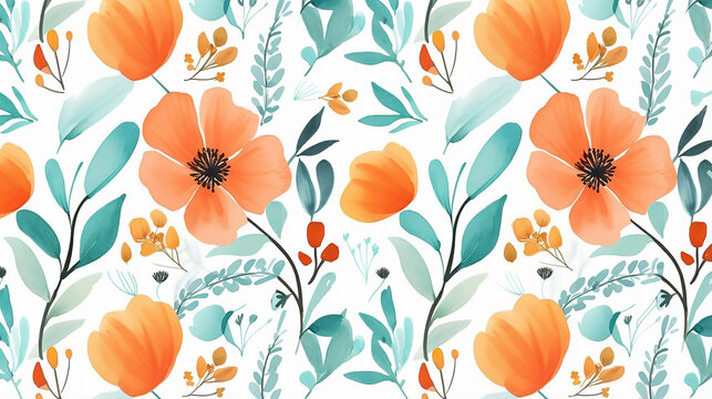 watercolor floral pattern in orange green turquoise colors. Raster image