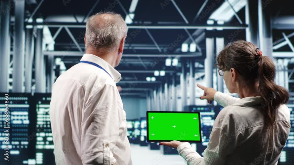 Poster specialists using mockup tablet to monitor energy efficient data center clusters. server units using