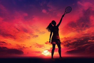 Silhouette of girl i with racket at sunset.