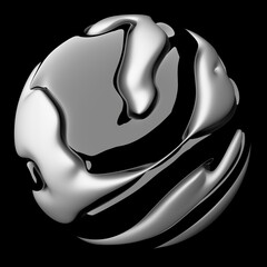 Abstract 3d ball with beautiful smooth lines. Modern digital art. The image is isolated on a black background. 3d render image. Futuristic metal shapes. Soft glossy glass material.