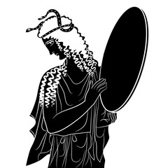 Ancient Greek woman with snakes in her hair holding tambourine or mirror . Vase painting style. Black and white negative silhouette. - obrazy, fototapety, plakaty