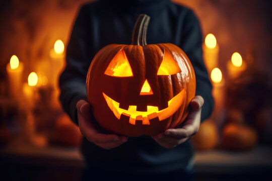 Close up image of child's hands holding a glowing Halloween Pumpkin. Jack-o-lantern in kid's hands. Сandle lights bokeh, dark background. Celebrating Halloween at home.  Cozy wallpaper.