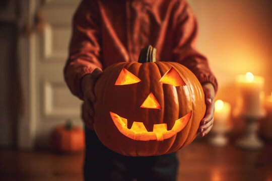 Close up image of child's hands holding a Halloween Pumpkin. Jack-o-lantern in kid's hands. Сandle lights bokeh background. Celebrating Halloween at home.  Cozy wallpaper.