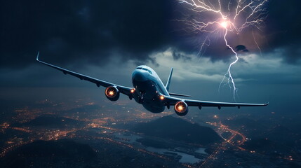 airplane fly at night cloudy sky with lightning,below city blurred light 
