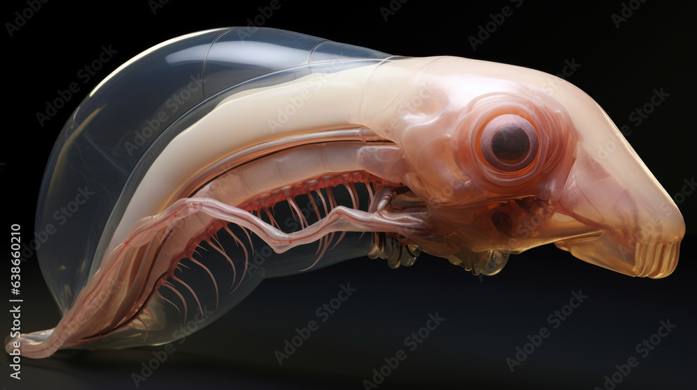 Poster a bulbous head wrapped in a thin membrane a nucleus and a tail coil extending from the rear.