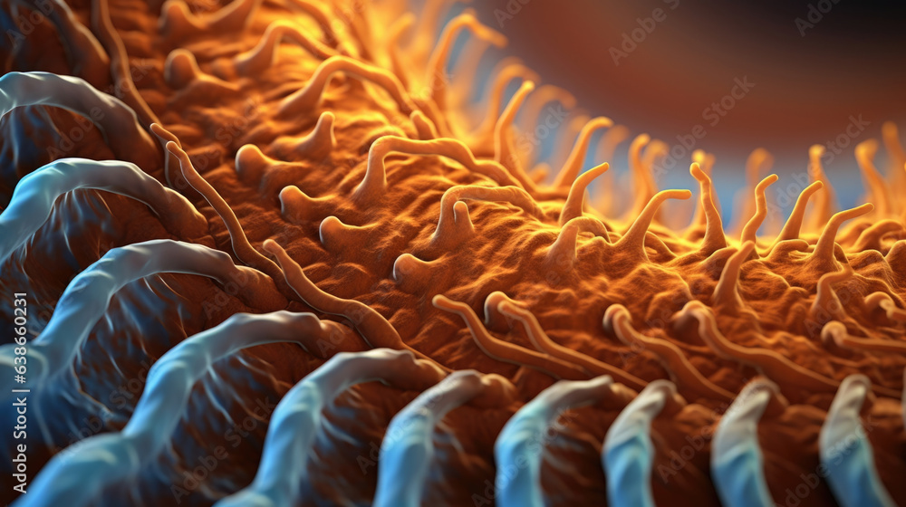 Poster a spirilla macro image features a complexshaped spherical bacteria. it has a protruding point at eac