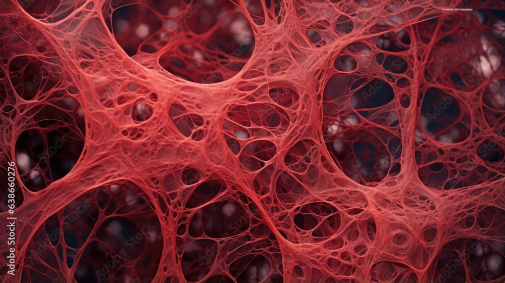 Poster nerve tissue viewed through a microscope appears to be composed of a combination of delicate fibers 