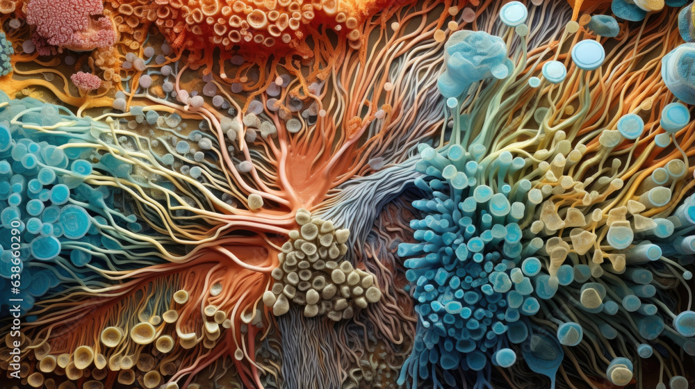 Poster this intricate macro image highlights the magnified complexity of bacterial life. here a wide variet