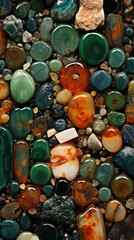 macro image reveals a vibrant array of microscopic minerals arranged into a captivating composition. Rich greens contrasted by hues of brown and sapphire make this