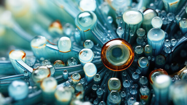 This macro image of microscopic minerals reveals vibrant colors of jade sapphire and pearl. A multitude of crystal structures form a kaleidoscope of confetti each