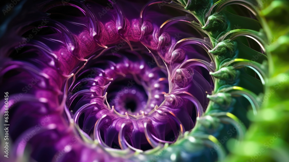 Poster a closeup macro image of a spirilla with long helical threads of deep purple and violet spiraled aro